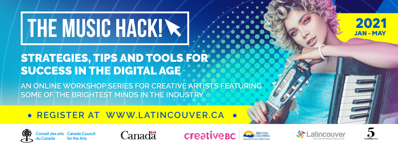 Latincouver Masterclass Banner for series of webinars. With sponsors and schedule